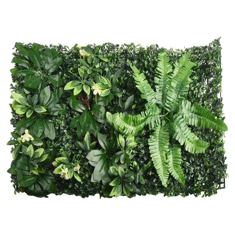 Square artificial green foliage wall panel with mixed leaf and fern accents
