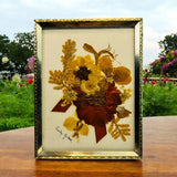 Vintage Pressed Dried Flowers Ribbon Art Gold Frame with Stand 4Óx3" Signed Dried Flower
