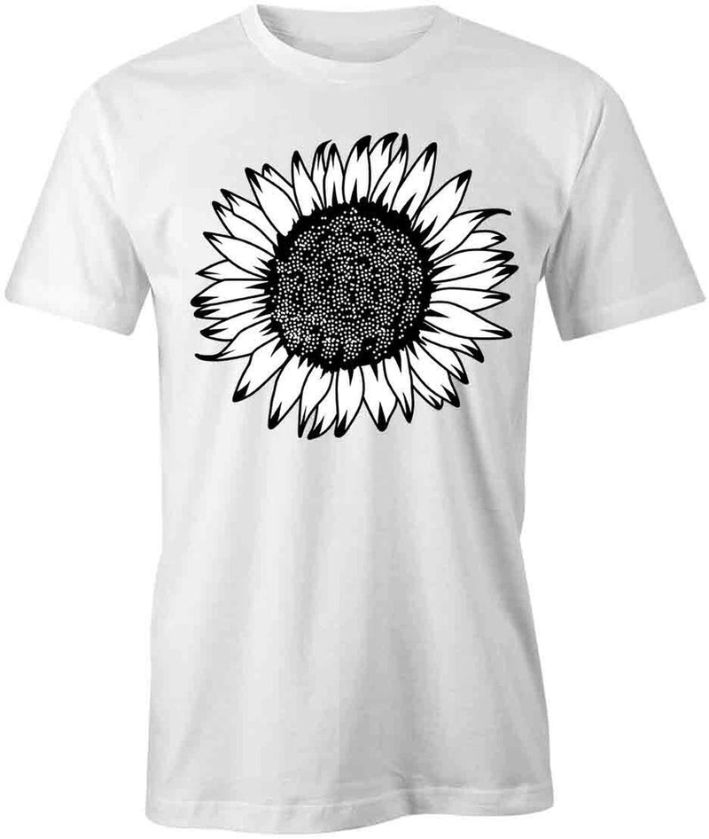 White cotton short-sleeve T-shirt with large black sunflower graphic