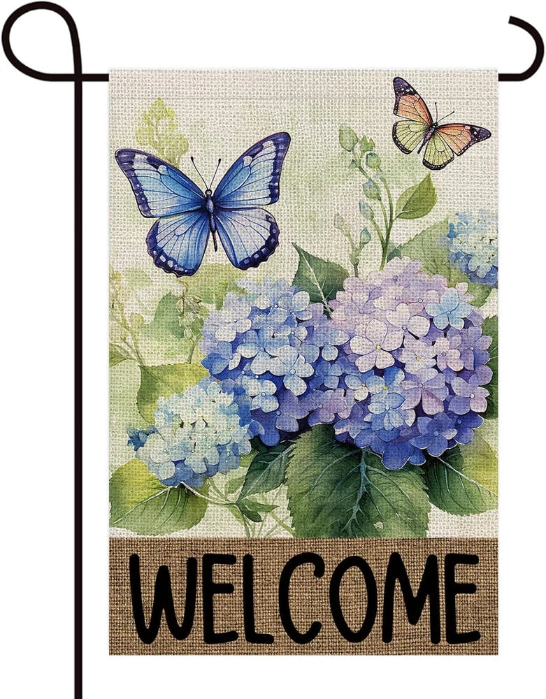 Welcome Hydrangea Floral Butterfly Decoration Double Sided Vertical Burlap Garde Hydrangea