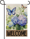 Welcome Hydrangea Floral Butterfly Decoration Double Sided Vertical Burlap Garde Hydrangea