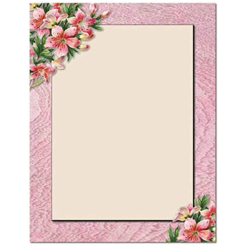 Pink floral letterhead paper with blank cream center, pink textured border and lilies