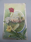 Embossed Postcard Carnation Flowers, Church, Country Scene Landscape Series Carnation