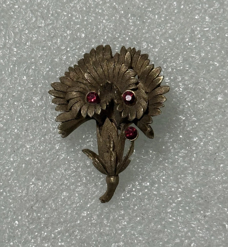 Vintage Brushed Antiqued Gold Tone Red Rhinestone Carnation Flower 3D Brooch Pin Carnation
