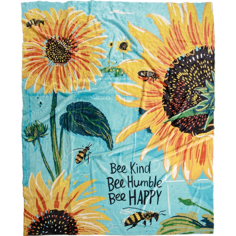 Sunflower and bee throw blanket with 'Bee Kind Bee Humble Bee Happy' text