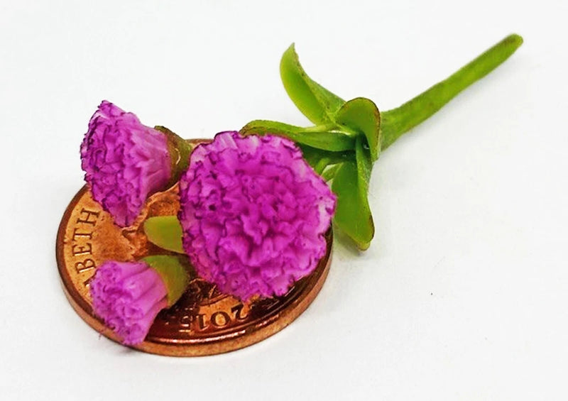 Miniature 1:12 scale purple carnation bunch with green stems, three flowers.