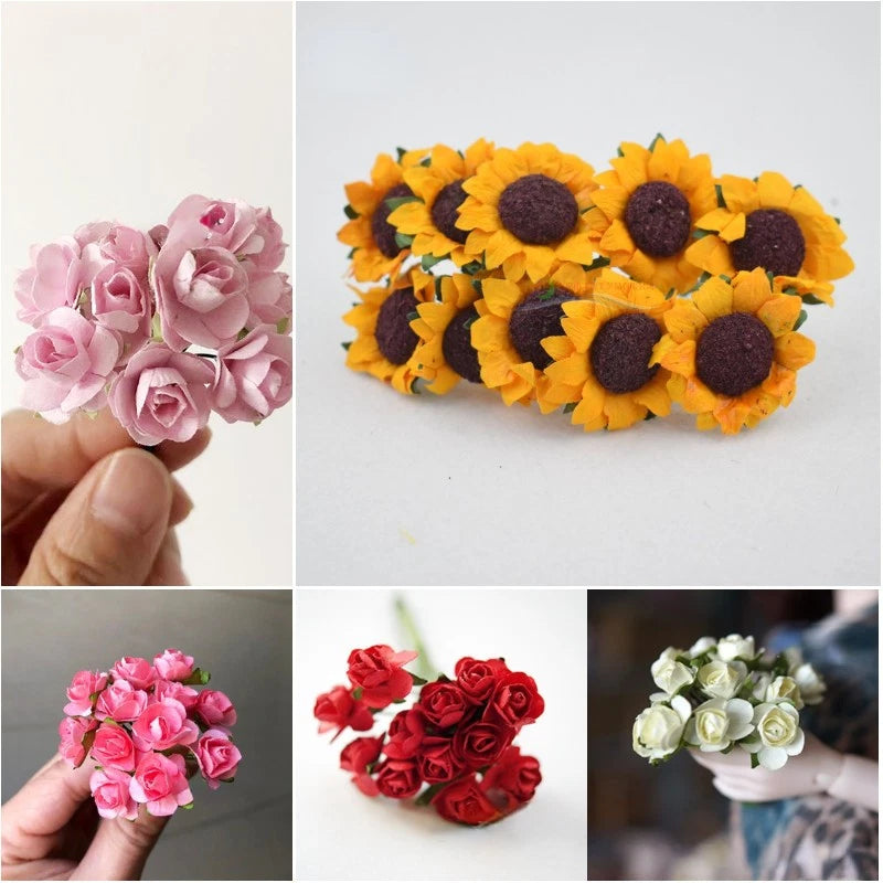 Miniature dollhouse flower accessories: yellow sunflowers, pink roses, and red rose blooms