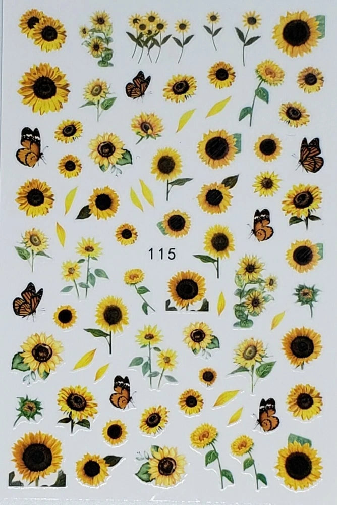 Sunflower nail stickers sheet with sunflowers and butterflies, assorted small designs