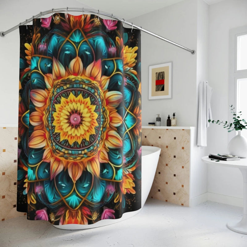 Colorful sunflower mandala shower curtain with vibrant teal, yellow, and purple floral design