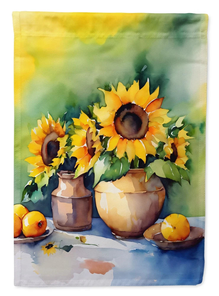 Watercolor sunflower garden flag with sunflowers in brown pots and green leaves