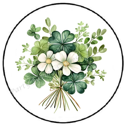 Round St. Patrick’s bouquet envelope seal with green shamrocks and white flowers