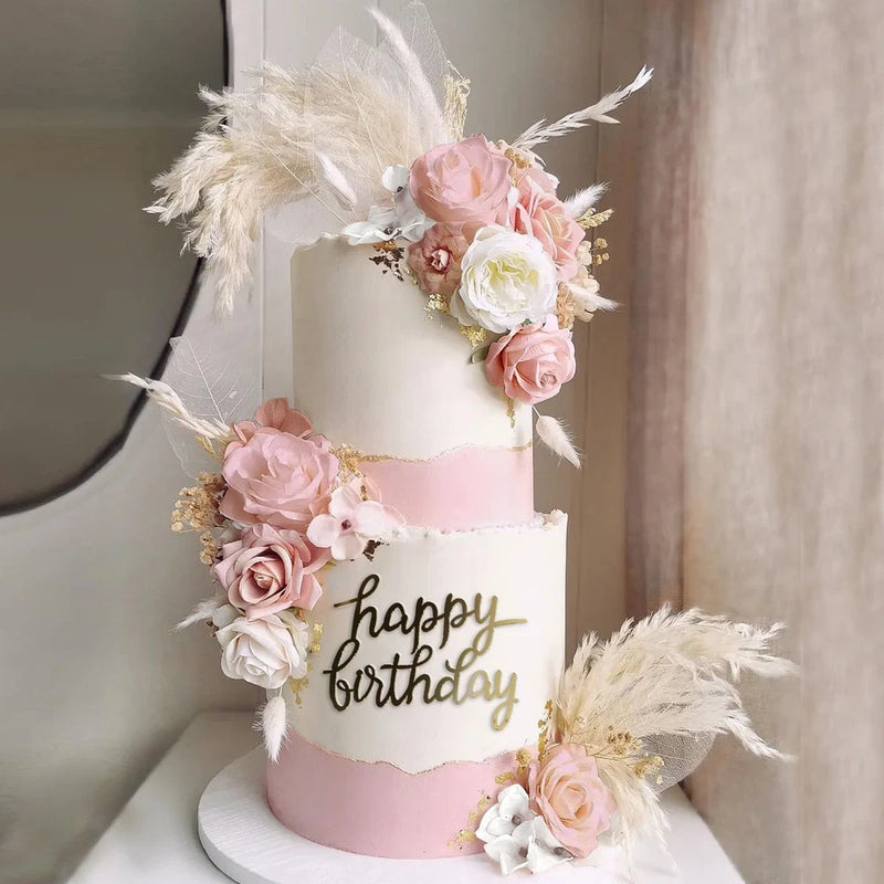 33 PCS Boho Cake Topper Decorations Vintage Artificial Rose Flowers Leaves Va... Pampas Grass