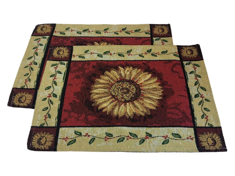 Lot Of 2 Placemats Sunflowers Fall Autumn Colours Yellow Red Cotton Blend Thick Sunflower