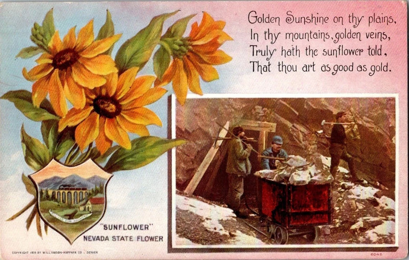 Vintage postcard with yellow and orange sunflowers, poem text, and Nevada landscape photo