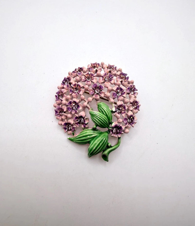 Vintage lilac purple and rhinestone enamel hydrangea flower brooch Hydrangea
