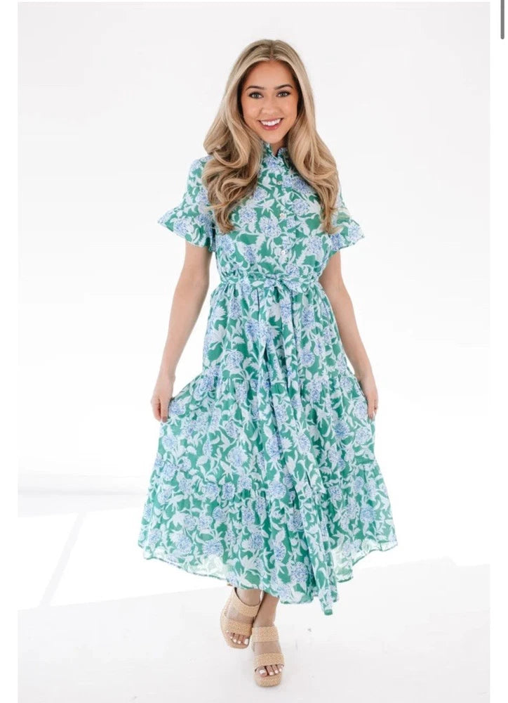 J. Marie - The Merritt Button Up Midi Dress size Large Blue Green hydrangea Hydrangea