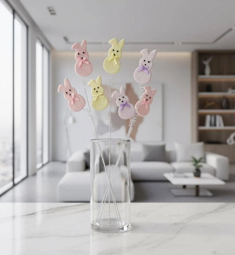 Pastel bunny and chick Easter decorative picks set in a clear vase