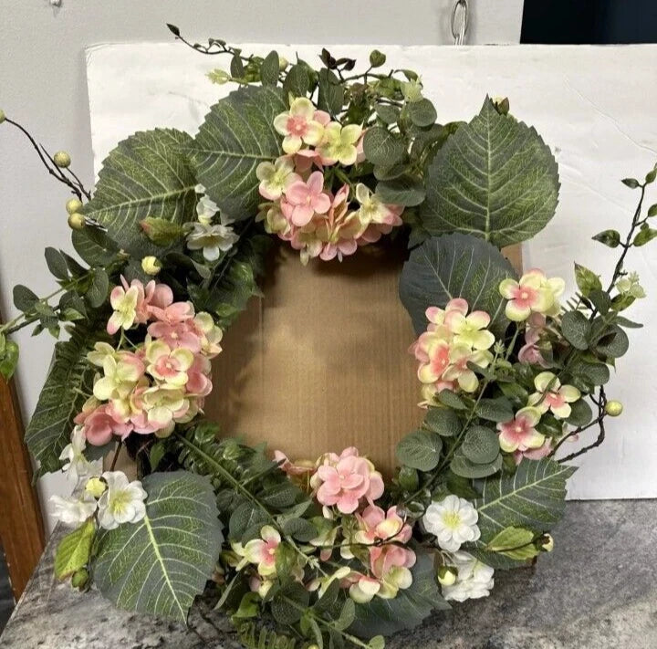 24" Spring Pastel pink Hydrangea fern berry Floral Wreath Valerie Parr Hill Hydrangea