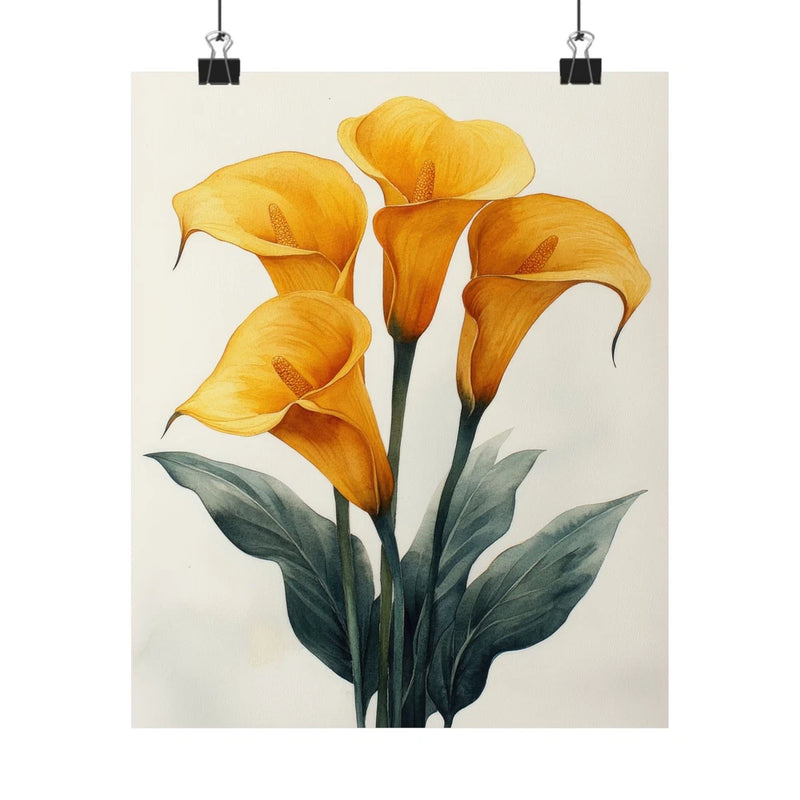 Yellow calla lily flower art print poster with green leaves, minimalist floral design