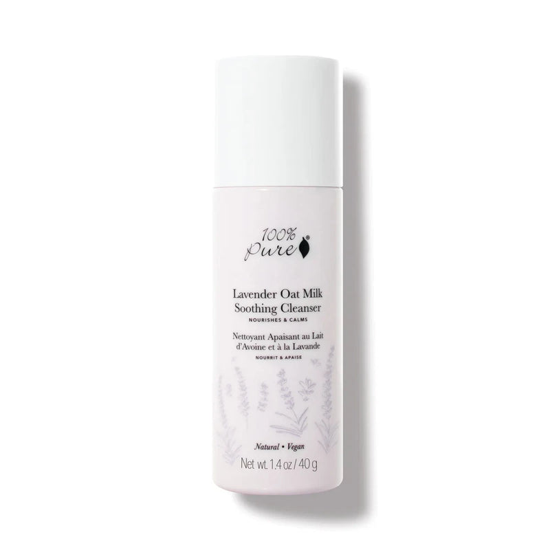 White pump cleanser bottle labeled Lavender Oat Milk Soothing Cleanser, 14 oz (40 g)