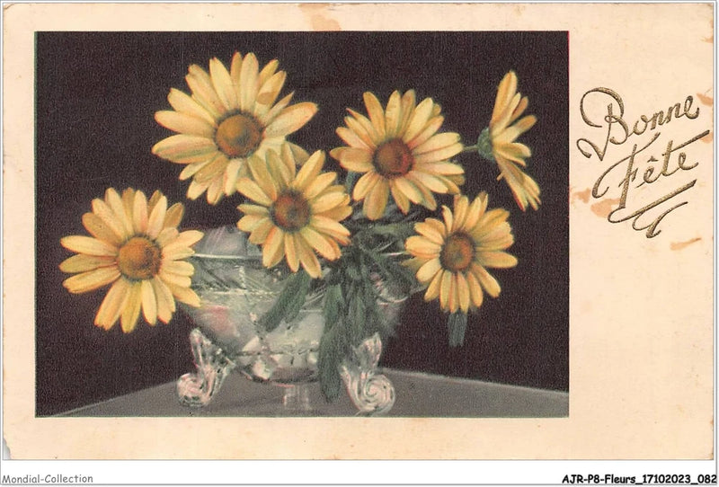 Sunflower birthday greeting card with bouquet in clear glass vase, with cursive message