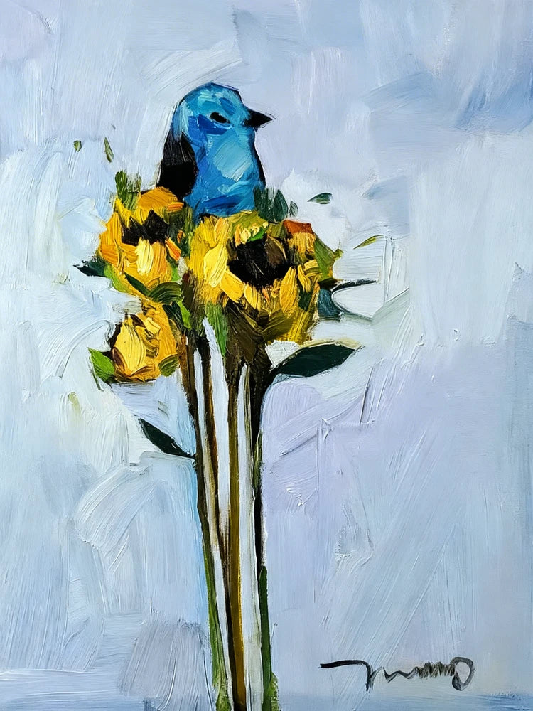 Sunflower bouquet painting print with blue bird perched on stems