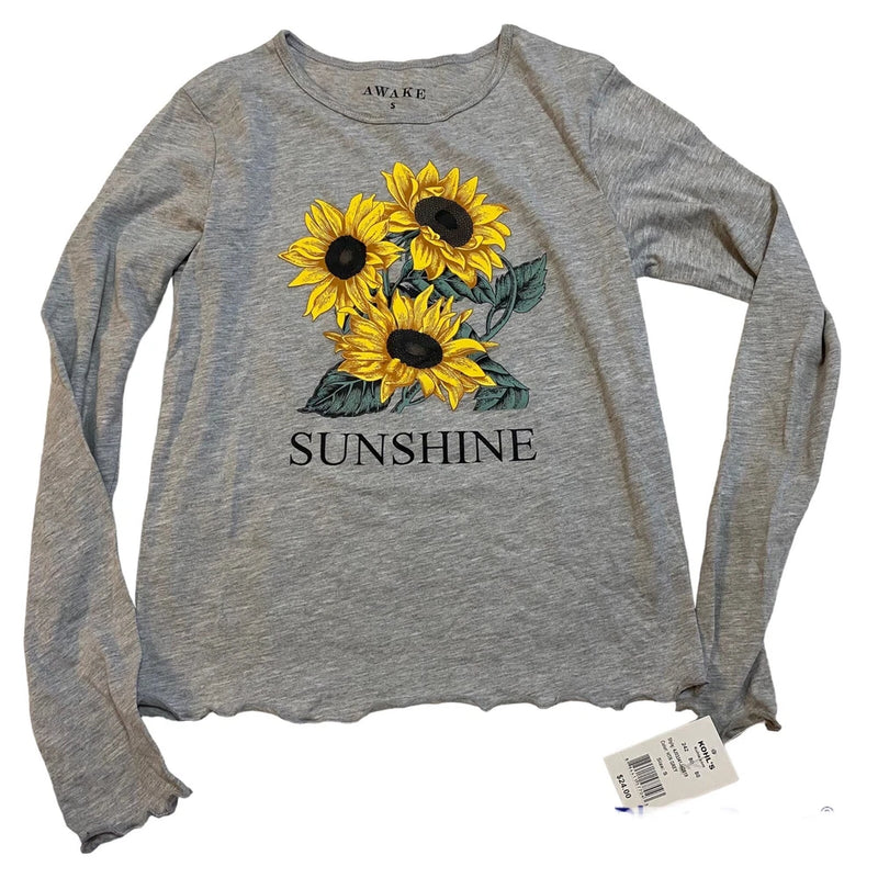 Awake juniors' heather gray long-sleeve tee with sunflower “Sunshine” front graphic