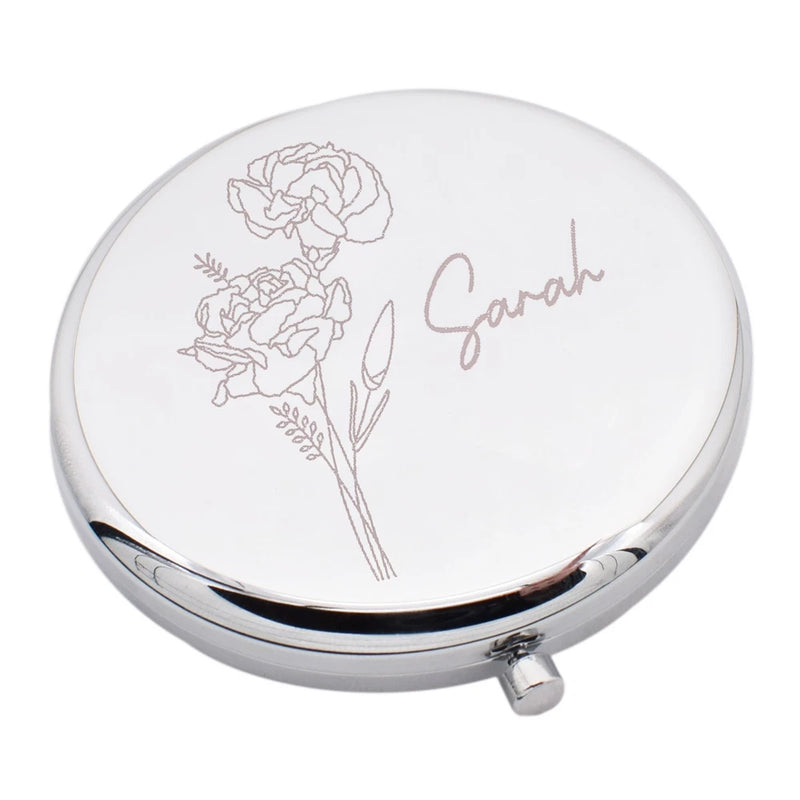 January Birthday Carnation Flower with Personalised Name Silver Handbag Mirror Carnation