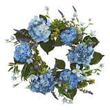 Nearly Natural 24" Bright Blue Blooms Hydrangea Wreath with Vibrant Green Leaves Hydrangea