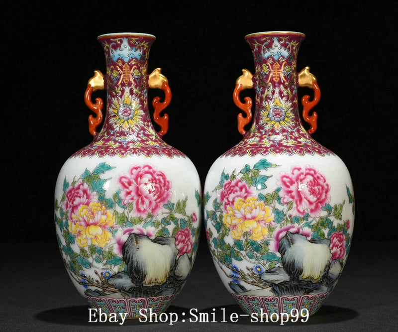 Qianlong Enamel Colour Porcelain Gilt Peony Flower Twin Ears Bottle Vase Pair Peony