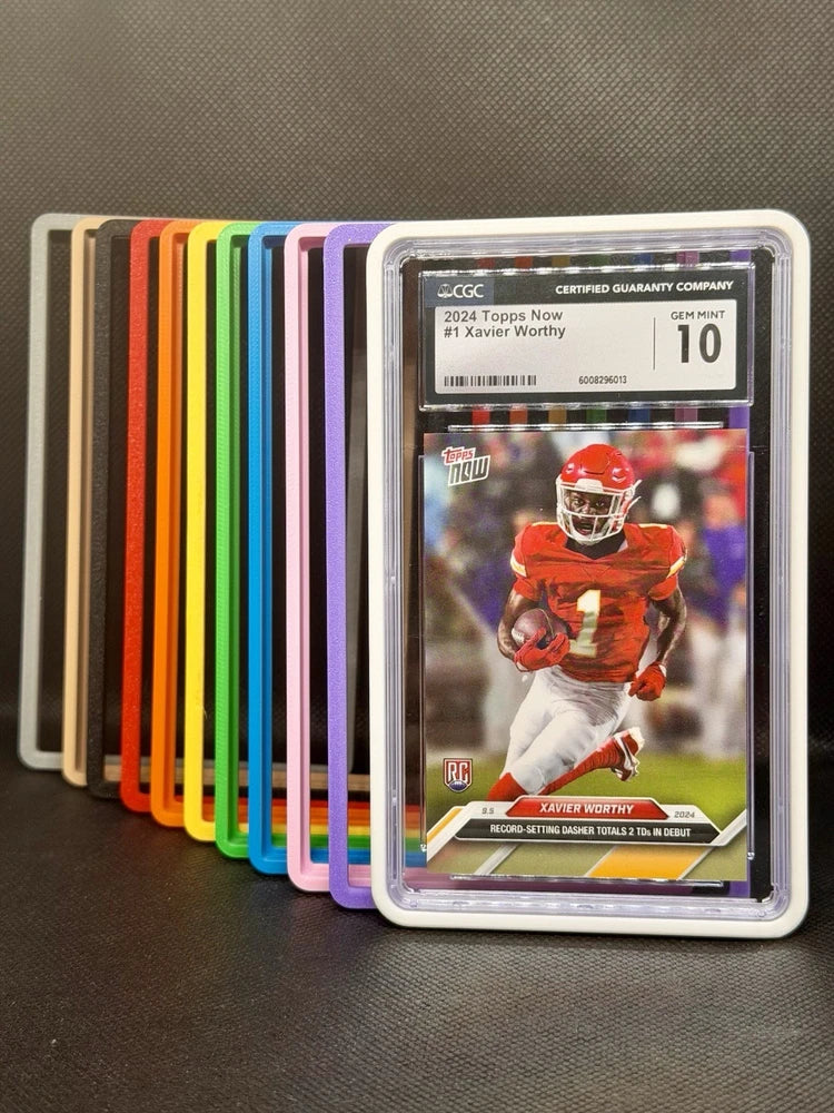 Card slab protector case, clear plastic with colorful backing, holds graded trading card
