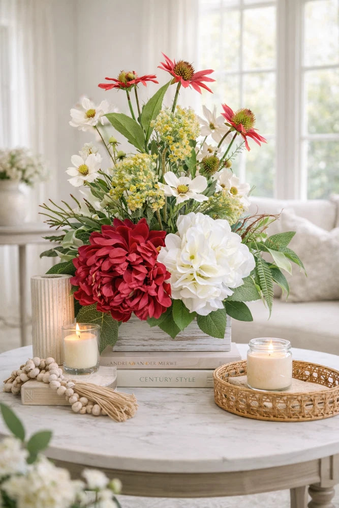 Burgundy peony arrangement, modern farmhouse, white hydrangea flower arrangement Hydrangea