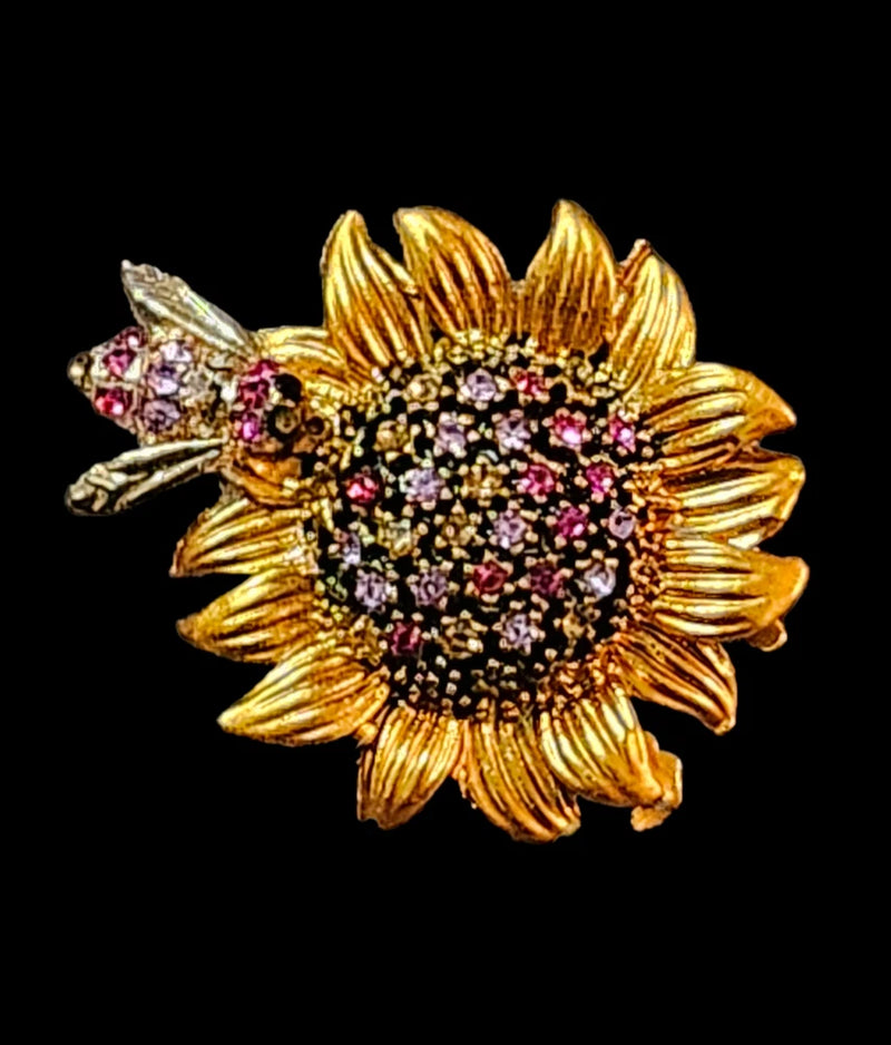 Goldtone sunflower pin with bee detail and pink rhinestone cluster