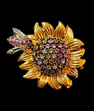 Small Goldtone Sunflower with Bee Brooch with pink Rhinestones C-Clasp Closure Sunflower