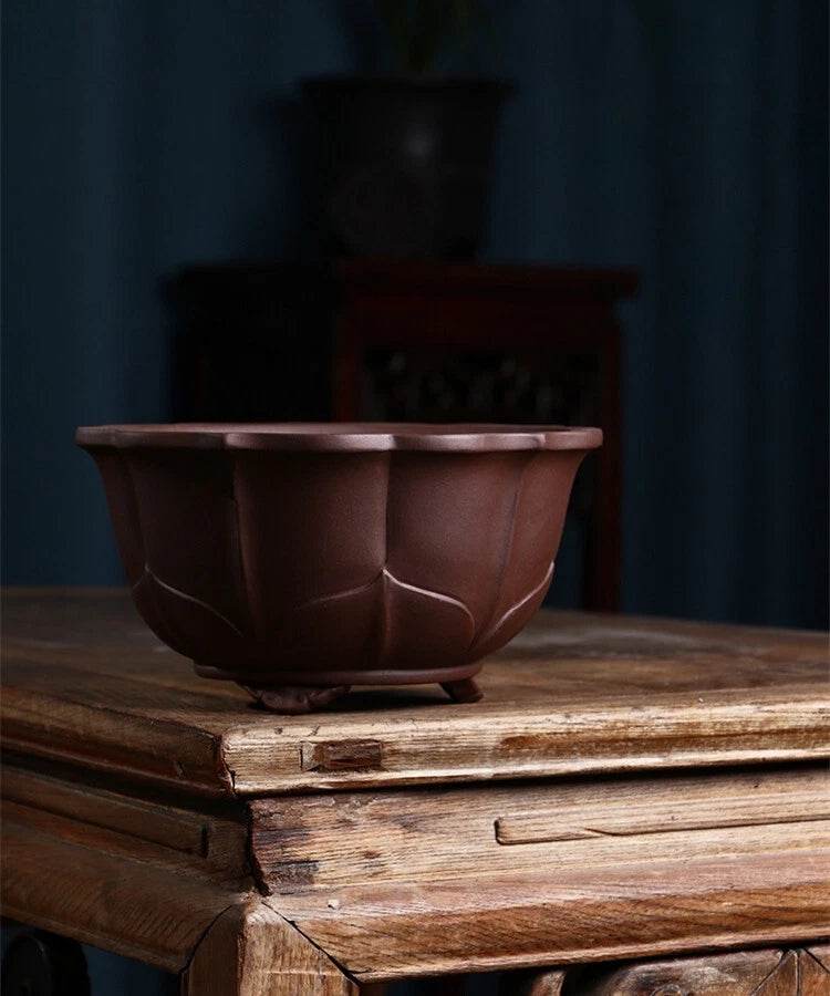 8.9in Chinese Classical Yixing Zisha Flower Pot, Handmade Bonsai Garden Decor Garden Plants