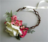 NEW Ivory Pink Silk Velvet Rose Hydrangea FLOWER CROWN Bridal Wedding Adjustable Hydrangea