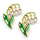 2pcs Brooch Lily of The Valley White Pearl Flower Gold Green Leaves Elegant Pin Lily