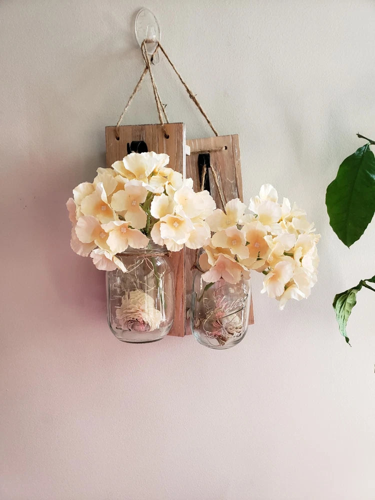 Cottagecore Floral Mason Jar Twinkle Light Arrangement in Glass On A Wood Plaque Hydrangea