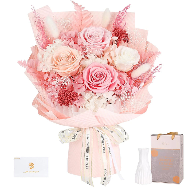 MAMAMIKO Preserved Flowers Bouquet 4 Roses - Pink & for Bouquet