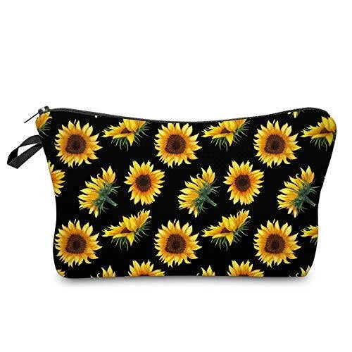 Black waterproof cosmetic bag with zipper, roomy pouch, sunflower print.