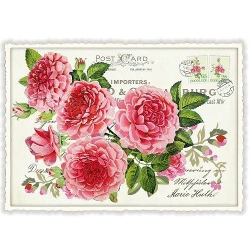 Decorative peony flower greeting postcard with pink blossoms and green leaves