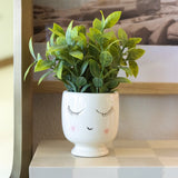 Tabletop Artificial Faux Tea Leaf Plant in White Ceramic Shy Girl Pot, 3" Green Plant