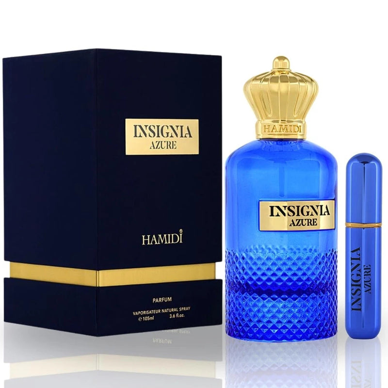 Hamidi Insignia Azure perfume EDP spray bottle with gold cap, blue glass