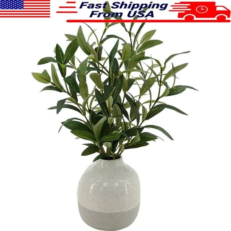 14 in indoor faux olive plant with olive-green leaves in light gray ceramic vase