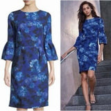 David Meister Blue Floral Hydrangea 3/4 Bell Sleeve Sheath Dress Size XS Hydrangea