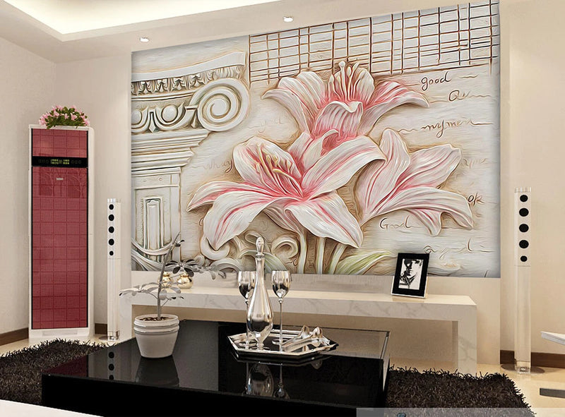 3D Lily Pink Flower ZHUA3710 Wallpaper Wall Murals Removable Self-adhesive Amy Lily