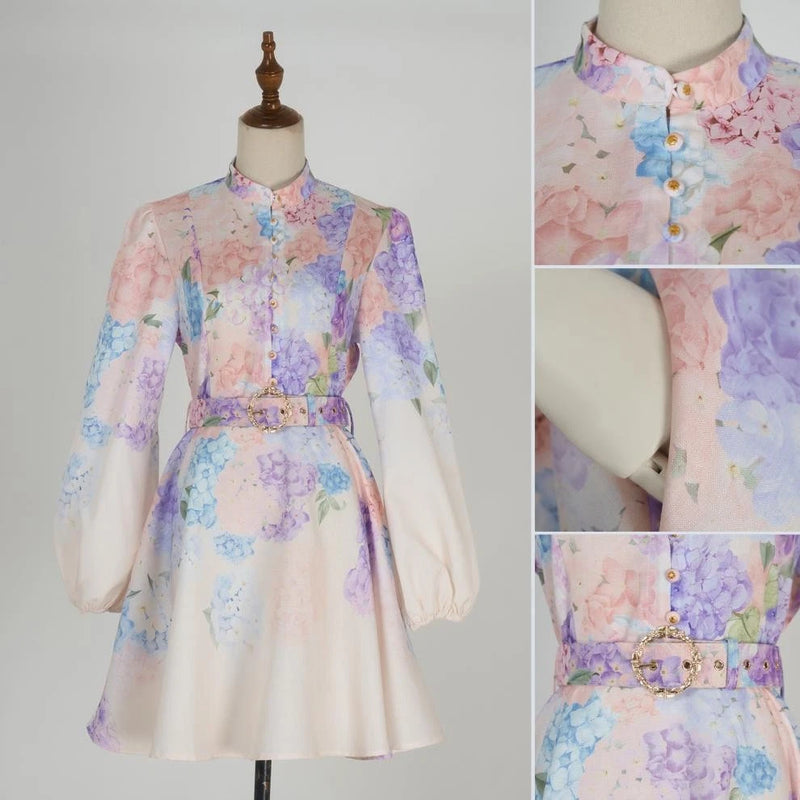 New short hydrangea print dress with lantern sleeves and flower buttons Hydrangea