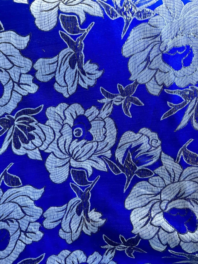 Royal Blue with Silver Flowers - Faux Silk Brocade Jacquard Fabric Flowering Plants