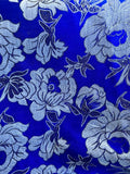 Royal Blue with Silver Flowers - Faux Silk Brocade Jacquard Fabric Flowering Plants