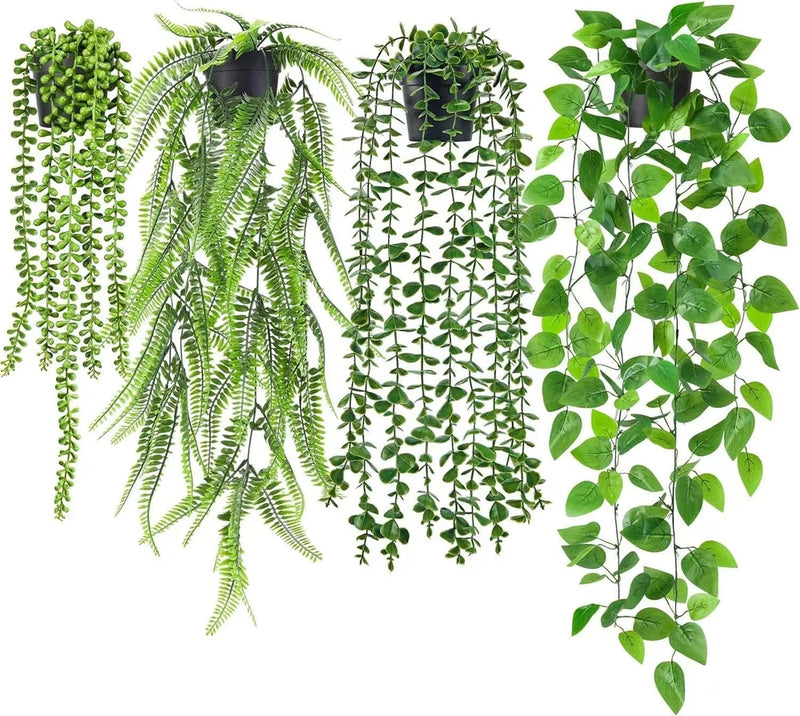 4 Pcs Artificial Hanging Plants with Pots - Realistic Fake Eucalyptus & Ivy V... Green Plant